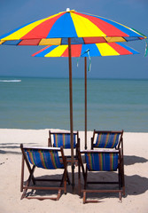 Malaysia, Island of Penang, Golden Sands Beach Resort. Resort beach with colorful umbrellas.