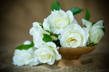 bouquet of beautiful white roses on burlap