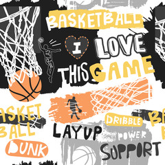 Bright seamless pattern for basketball. Hand drawing sport print, background, typography slogan. Print design for T-shirts, clothes, banners, flyers. Sketch, grunge style.
