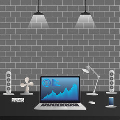 Workspace for trade, business, freelance .  Workplace trading. Monitor with chart. Working desk  of professional. Vector illustration
