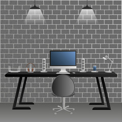 Working desk with personal computer, speakers, headphones, mobile phone.  Modern working space at home or in the office. Vector illustration