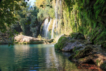 Fototapeta na wymiar Turkey, Antalya Province, Antalya, Kursunlu Waterfalls (Kursunlu Selalesi) is on one of the tributaries of the Aksu River.