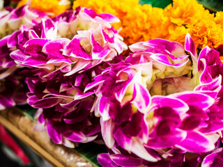 Thailand, Bangkok Street Flower Market. Flowers ready for display at many places including Temples