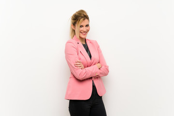 Young blonde woman with pink suit