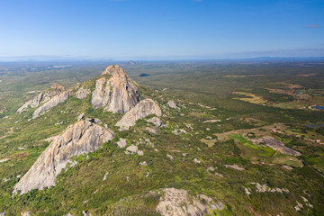 Beautiful aerial view of a Valley with huge rocks in the country side of Brazil 