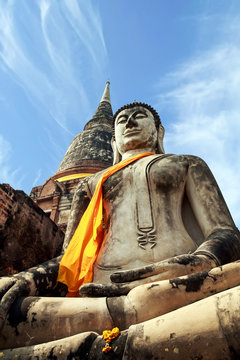 Ayutthaya, Thailand. Large Buddha at Wat Phra Mahathat, Ayutthaya Historical Park, near Bangkok
