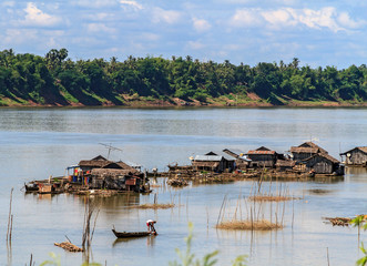 Cambodia. Floating Vietnamese fishing village at the southern tip of Koh Trong Island across the...