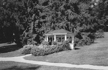 Gazebo and tables in a park in Finland in summer shot with analogue film photography - 1