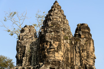 Cambodia, Angkor Wat. Entry gate to Angkor Thom. Face of the benevolent Bodhisattva, Lokesvara.