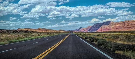 Fotobehang Arid landscape of Arizona. The crumbling sandstone mountains and the highway © konoplizkaya