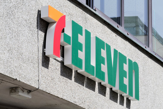 TRONDHEIM, NORWAY - June 9, 2017: 7-Eleven sign at branch. 7-Eleven is an international chain of convenience stores, headquartered in Irving, Texas.