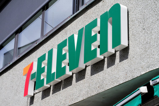 ALESUND, NORWAY - June 10, 2017: 7-Eleven sign at branch. 7-Eleven is an international chain of convenience stores, headquartered in Irving, Texas.