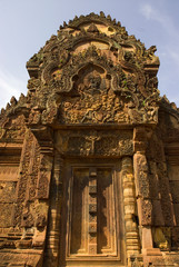 Cambodia. Siem Reap. Bantay Srei Temple. Esquisitely carved lintel and doorway.