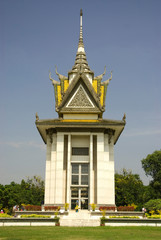Cambodia. Phnom Penh. Choeung Ek the Killing Fields memorial. Ossuary filled with skulls of those...