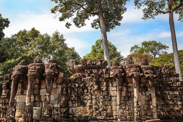 Siem Reap, Cambodia. Ancient ruins and statues of the Elephant Terraces near the Leper King