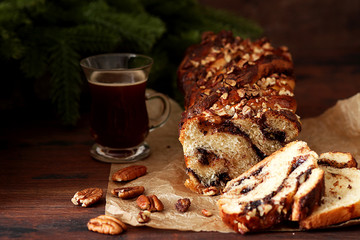 Chocolate yeast cake babka with pecans