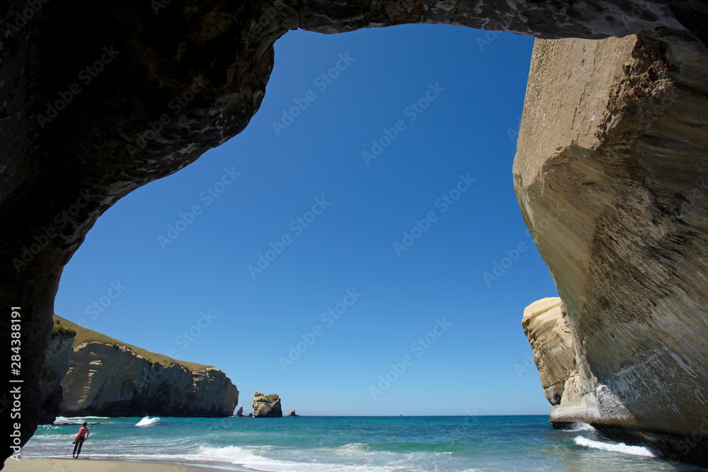 Sticker Looking out from sea cave, Tunnel Beach, Dunedin, South Island, New Zealand