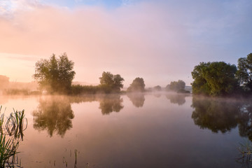 Naklejka na ściany i meble Foggy morning. Dawn outside the city. It will be a warm day. Morning fog on the lake
