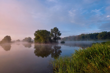 Obraz na płótnie Canvas Foggy morning. Dawn outside the city. It will be a warm day. Morning fog on the lake