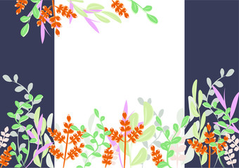 Horizontal frame with flowers, leaves, branches and herbs on dark and white background. Blank for cover