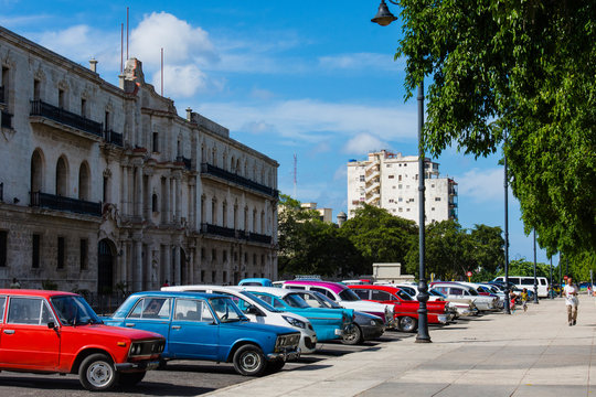 Cuba. Havana. Classic Cars Lined Up In Old Havana.