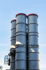Air defense missiles against the blue sky. Air defense launcher, long-range missile system. SAM on...