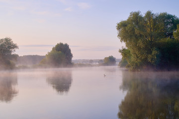 Foggy morning. Dawn outside the city. It will be a warm day. Morning fog on the lake