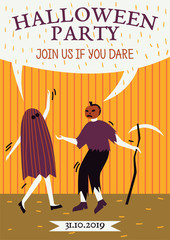 Halloween party invitation or greeting cards with dancing people traditional symbols. Men and women dressed in halloween costumes dancing at club or concert.  Flat vector illustration