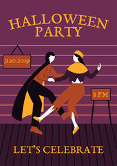 Halloween party invitation or greeting cards with dancing people traditional symbols. Men and women dressed in halloween costumes dancing at club or concert.  Flat vector illustration