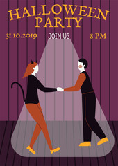 Halloween party invitation or greeting cards with dancing people traditional symbols. Men and women dressed in halloween costumes dancing at club or concert.  Flat vector illustration