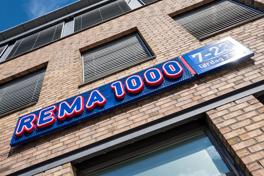 TRONDHEIM, NORWAY - June 9, 2017: REMA 1000 sign at branch. REMA 1000 is a Norwegian no-frills supermarket chain with businesses in Norway and Denmark, owned entirely by the Reitan Group.