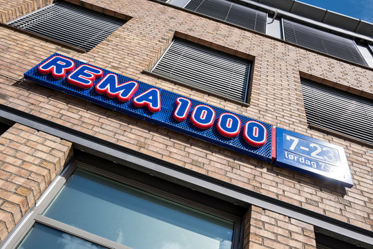 TRONDHEIM, NORWAY - June 9, 2017: REMA 1000 sign at branch. REMA 1000 is a Norwegian no-frills supermarket chain with businesses in Norway and Denmark, owned entirely by the Reitan Group.