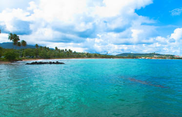 San Juan, Puerto Rico - Calm water is seen in the bay of a tropic island. Trees and beach can be seen in the background.