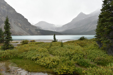 Bow Lake, clouds, fog, waterfall, Icefields Parkway, Jasper, Banff, Alberta, Canada