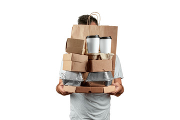 Man in a bright T-shirt giving a fast food order isolated on a white background. Male courier...