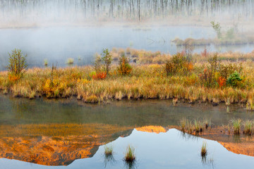 Canada, British Columbia, Mount Robson Provincial Park. Scenic of lake reflection and fog. Credit as: Don Paulson / Jaynes Gallery / DanitaDelimont.com