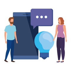 young couple with smartphone characters