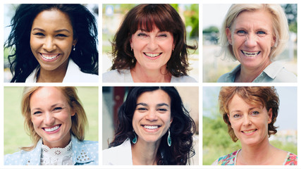 Beautiful commercial happy women in a row outside