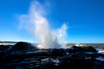 Haida Gwaii, British Columbia. The popular Blow Hole at the base of Tow Hill in Naikoon Provincial Park is a catapult surge of seawater forced through channels.