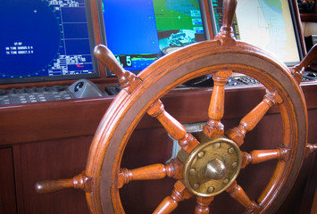 Canada, British Columbia, Vancouver Island. The upgraded wheelhouse of a converted fishing trawler. © Kevin Oke/Danita Delimont