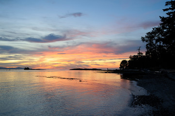 Canada, British Columbia, Cabbage Island. Sunset over the Strait of Georgia
