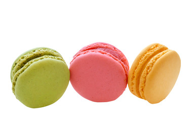 Fresh bright colored of Macarons, Sweet and colorful french macaroons isolated on white background with clipping path.