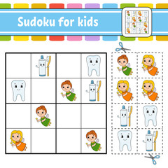 Sudoku for kids. Education developing worksheet. Activity page with pictures. Puzzle game for children. Logical thinking training. Isolated vector illustration. Funny character. Cartoon style.