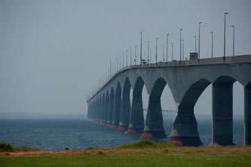 Canada, Prince Edward Island. Confederation Bridge over Northumberland Strait from New Brunswick to Prince Edward Island. View from PEI side.