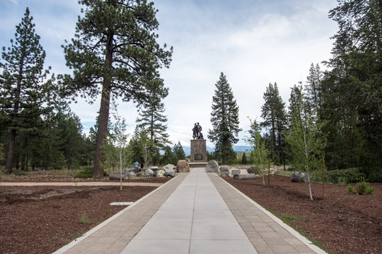 JULY 3 2018 - LAKE TAHOE, CA: View of the monument placed at Donner Memorial State Park, remembering the Donner Party.