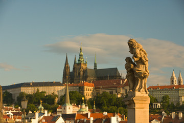 View from Charles Bridge (Karluv most), founded in 1357 towards Prague Castle, Baroque Sculptures from the 18th Century, Historical Center of Prague-UNESCO World Heritage Site, Czech Republic