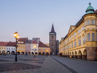 Fototapeta na wymiar Czech Republic, Jicin. The main square surrounded with recently restored historical buildings.