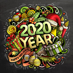 2020 hand drawn doodles chalk board illustration. New Year objec