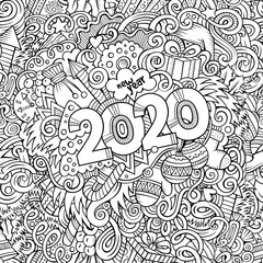 Fototapeta premium 2020 hand drawn doodles contour line illustration. New Year poster.