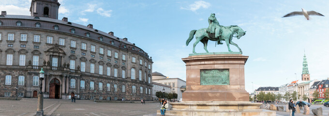 Panorama. Statue of King Frederik VII. Christiansborg. Danish Parliament. Copenhagen. Denmark.